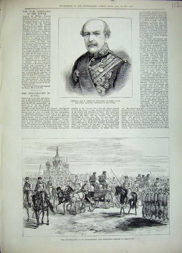 Old Antique Print 1881 General Williams Kars Russia Nihilists Execution 19th