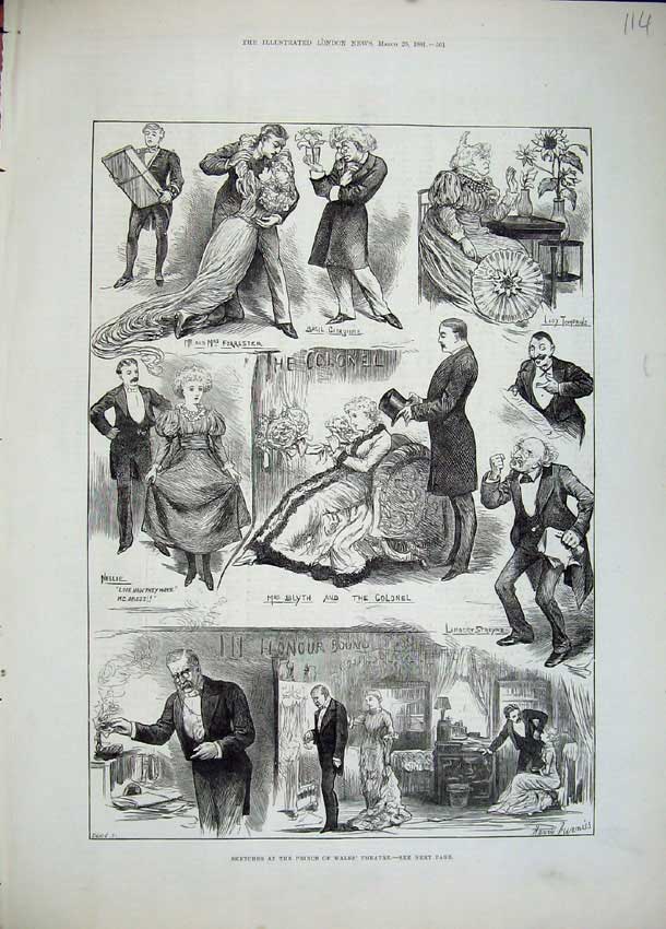 Old Antique Print 1881 Prince Wales Theatre Blyth Colonel Streyke Actors 19th