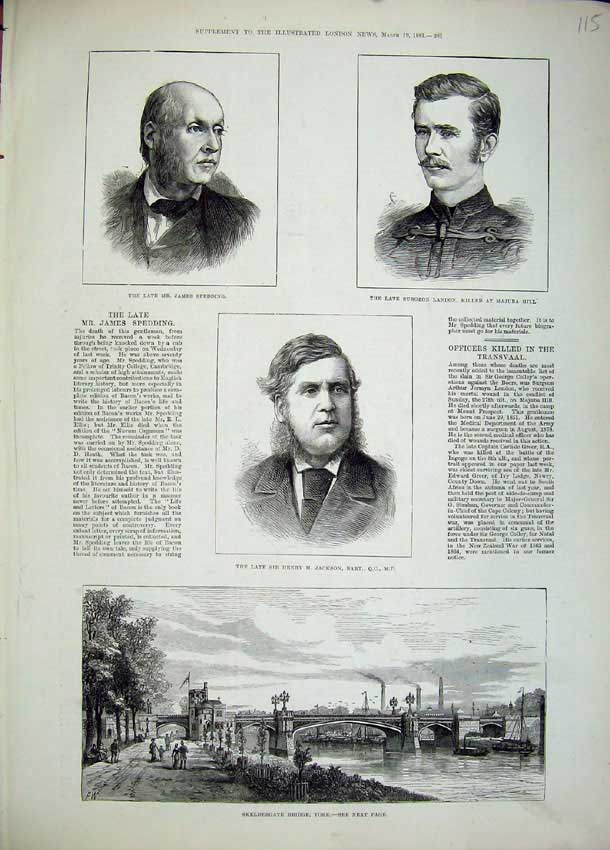 Original Old Antique Print 1881 Skeldergate Bridge York Jackson Bart Landon Men
