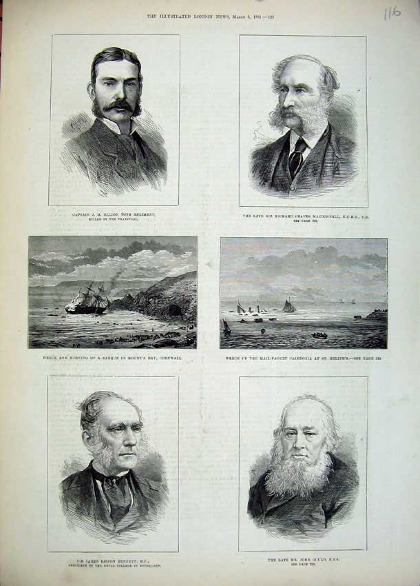 Old Antique Print 1881 Elliot Macdonnell Ship Cornwall Bennett Gould Men 19th