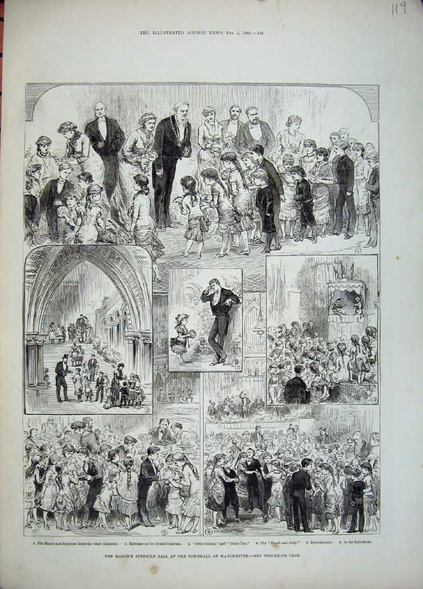 Old Antique Print 1881 Mayor'S Childrens Ball Townhall Manchester Party 19th