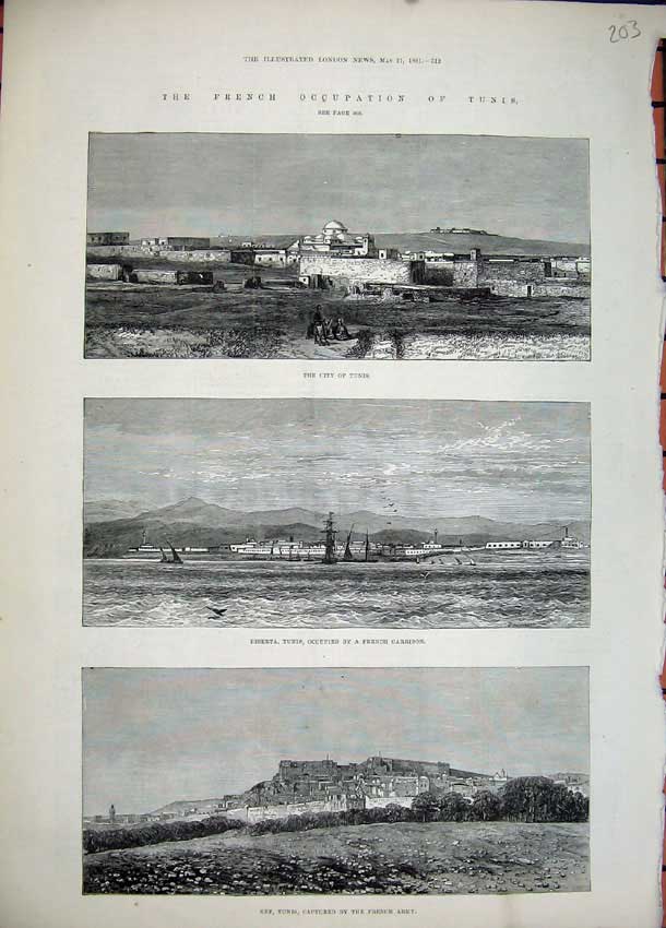Original Old Antique Print 1881 Tunis Biserta French Garrison Kef Army War 19th
