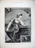 Original Old Antique Print 1881 Beautiful Woman Fishing Basket Sea Art Knowles