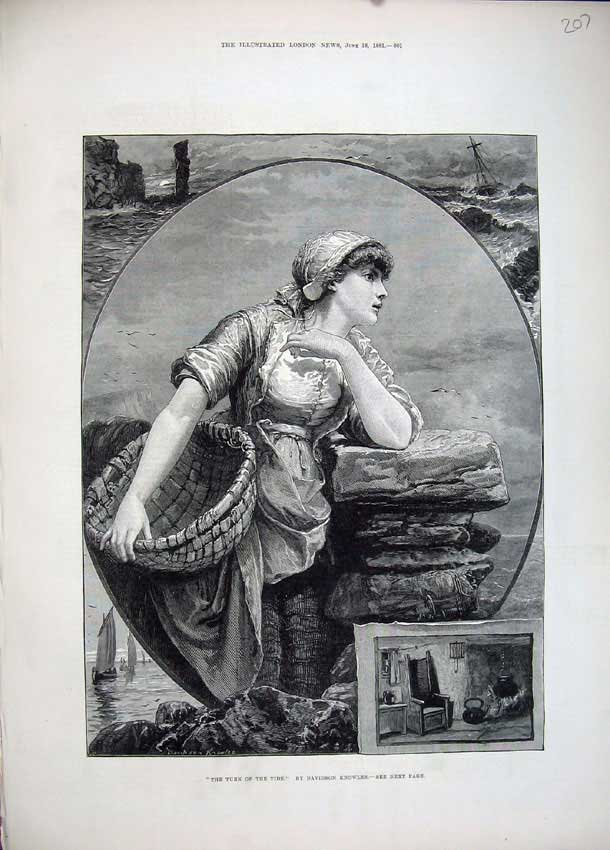 Original Old Antique Print 1881 Beautiful Woman Fishing Basket Sea Art Knowles
