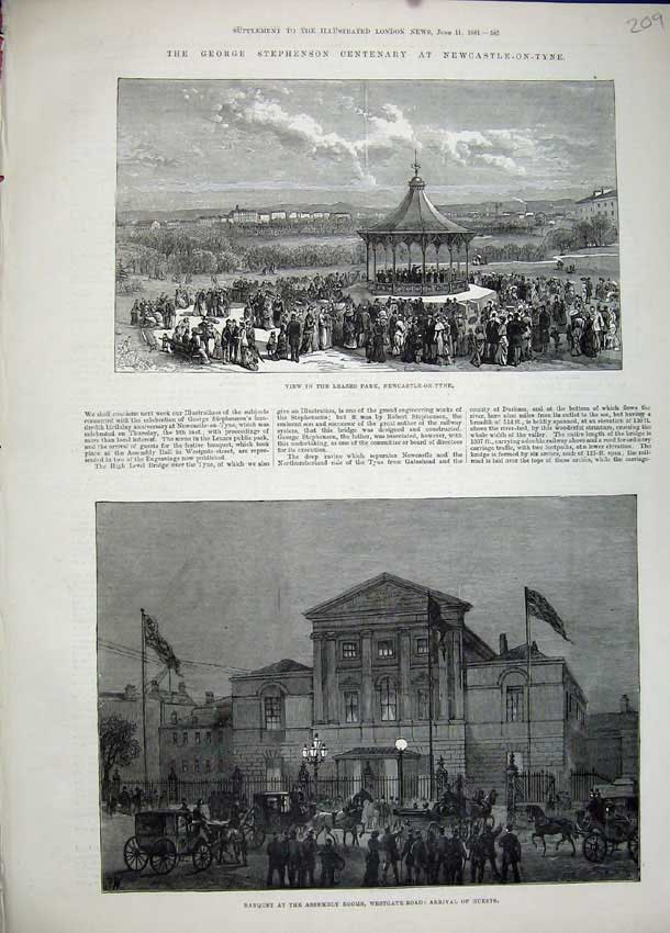Original Old Antique Print 1881 Leazes Park Newcastle Assembly Rooms Stephenson