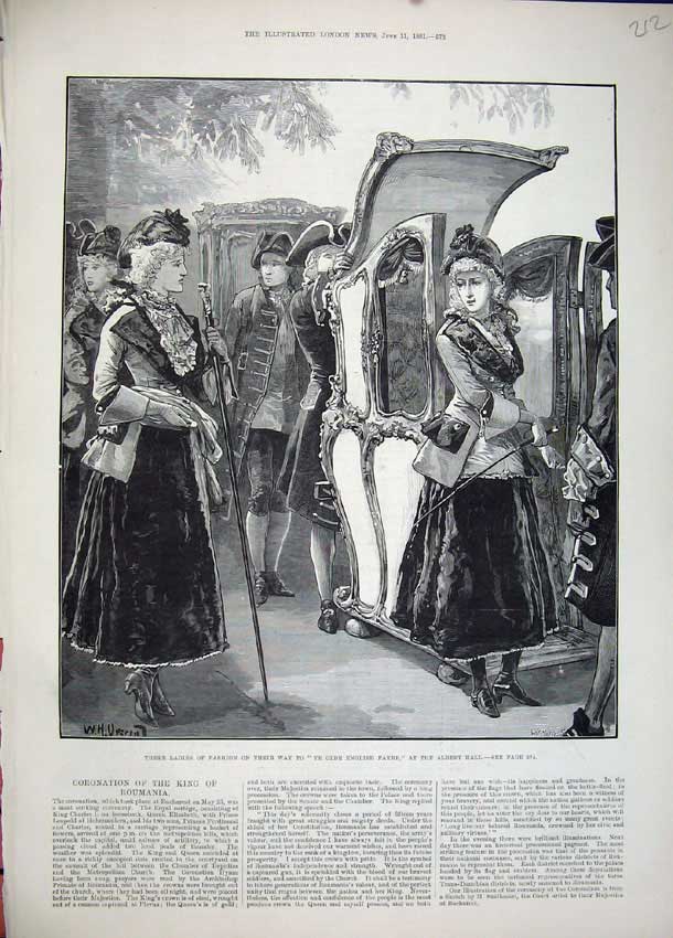 Original Old Antique Print 1881 Albert Hall Ladies Fashion e English Fayre Art