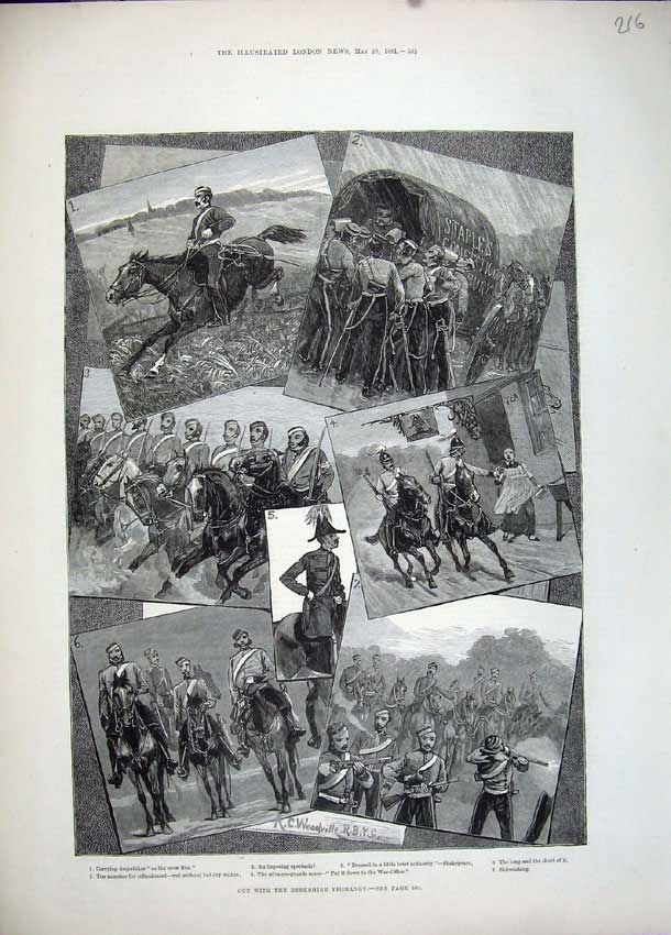Original Old Antique Print 1881 Berkshire Yeomanry Army Siers Horses Woodville