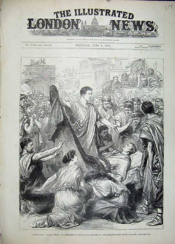 Original Old Antique Print 1881 Julius Caesar Drury Lane Theatre Saxe-Meiningen