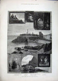 Old Antique Print 1881 Peel Castle Isle Man Herring Boats Cathedral Fish 19th