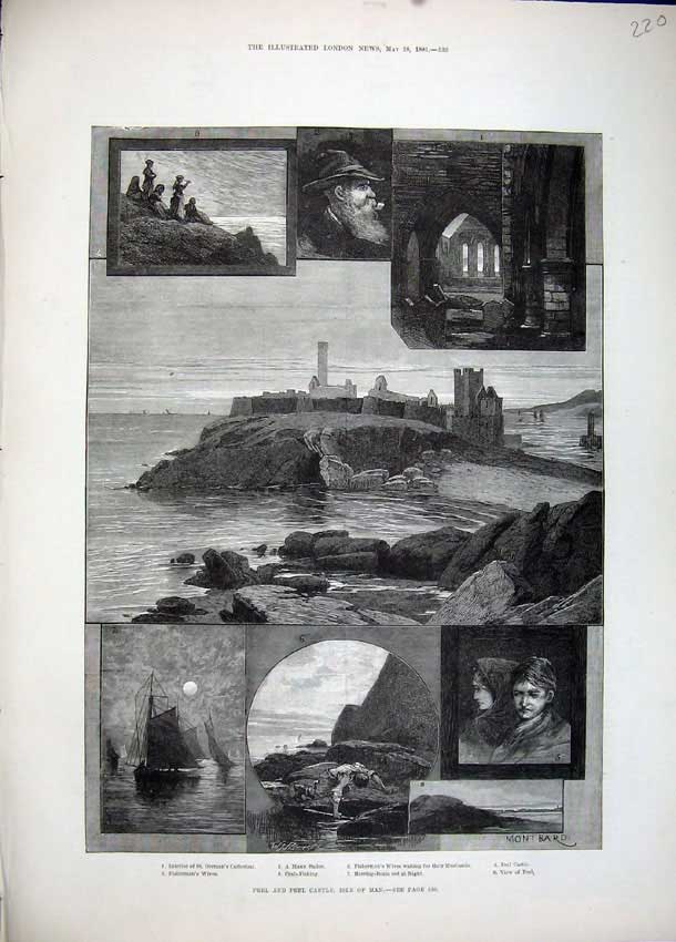Old Antique Print 1881 Peel Castle Isle Man Herring Boats Cathedral Fish 19th