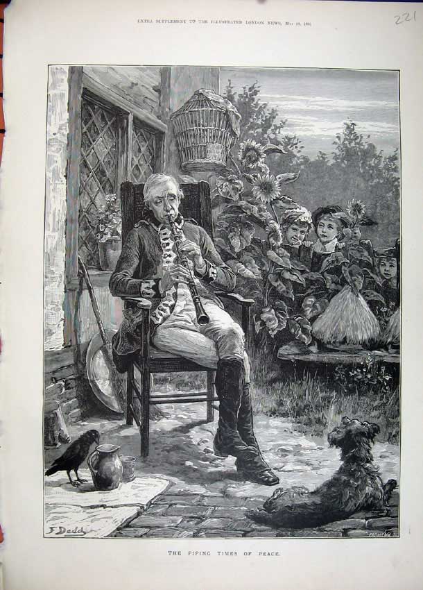 Original Old Antique Print 1881 Fine Art Man Music Pipes Children Bird Dog Dadd
