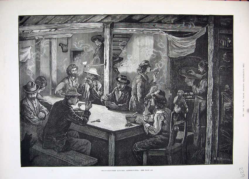 Old Antique Print Fine Art 1881 Organ Grinders Kitchen Saffron Hill Men 19th