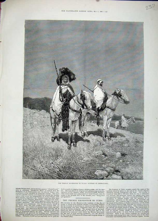 Old Antique Print 1881 French Expedition Tunis Outpost Men Rifles Horses 19th