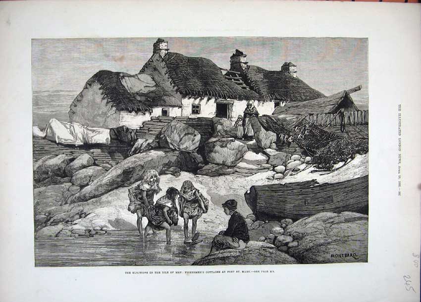 Old Antique Print 1881 Isle Man Fishermans Cottage Port St Mary Children 19th