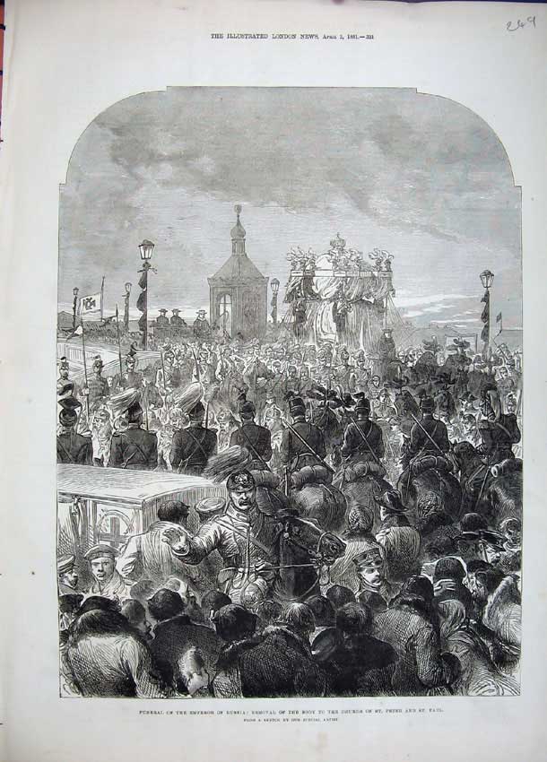 Old Antique Print 1881 Funeral Emperor Russia Body Church St Peter Paul 19th