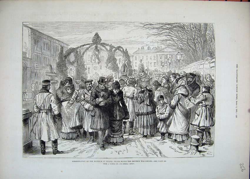 Old Antique Print 1881 Assassination Emperor Russia People Street Sketch 19th