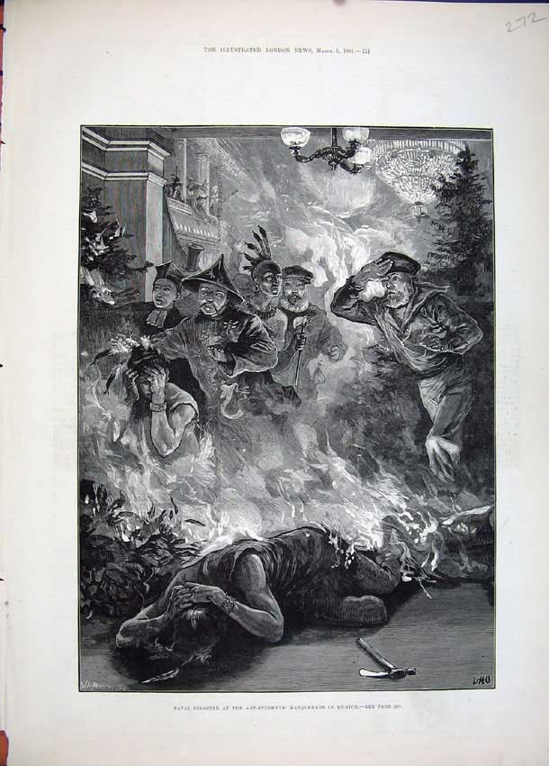 Old Antique Print Art 1881 Fatal Disaster Art Students Masquerade Munich 19th
