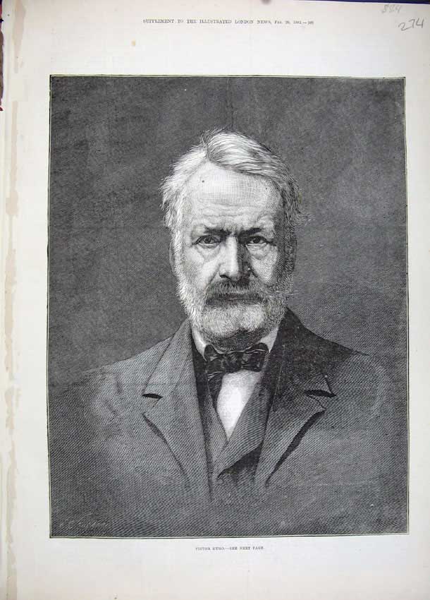 Old Antique Print 1881 Fine Art Portrait Victor Hugo French Lyric Romance 19th