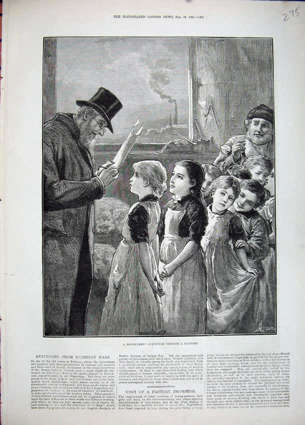 Original Old Antique Print 1881 Government Inspector Factory Young Girls 19th