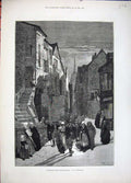 Old Antique Print Fine Art 1881 People Returning Midnight Mass Montbard 19th