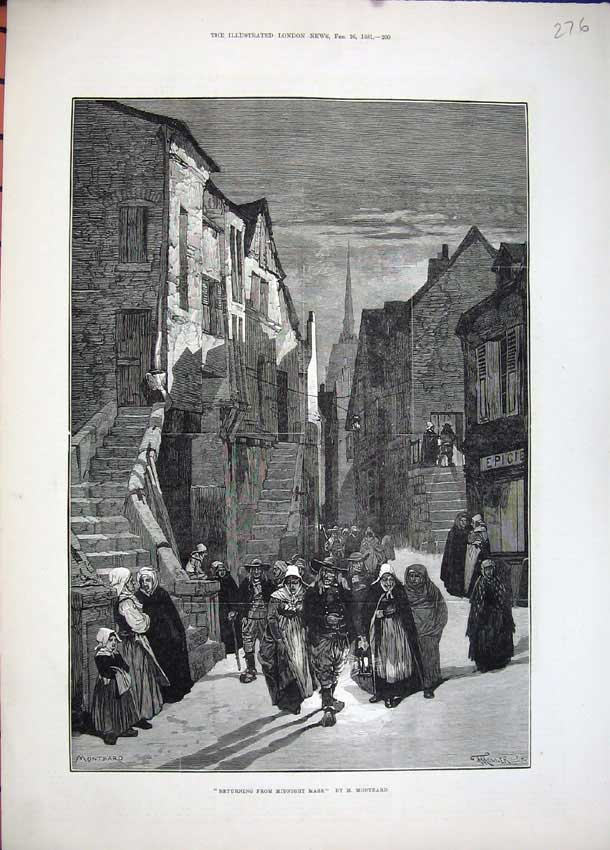 Old Antique Print Fine Art 1881 People Returning Midnight Mass Montbard 19th
