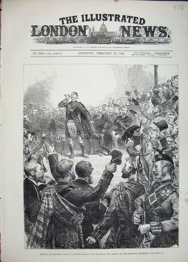 Old Antique Print 1881 Stafford House Protest Highland Regiments Army Men 19th