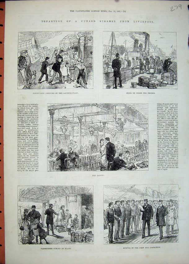 Old Antique Print 1881 Cunard Steam Ship Liverpool Passengers Saloon Crew 19th