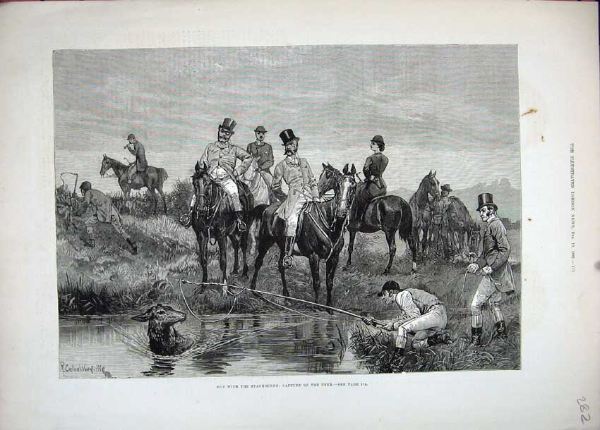 Original Old Antique Print 1881 Fine Art Woodville Stag Hunting Men Sport Deer