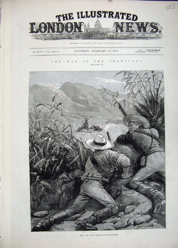 Old Antique Print 1881 Transvaal War Boers Men Shooting Animals Mountains 19th