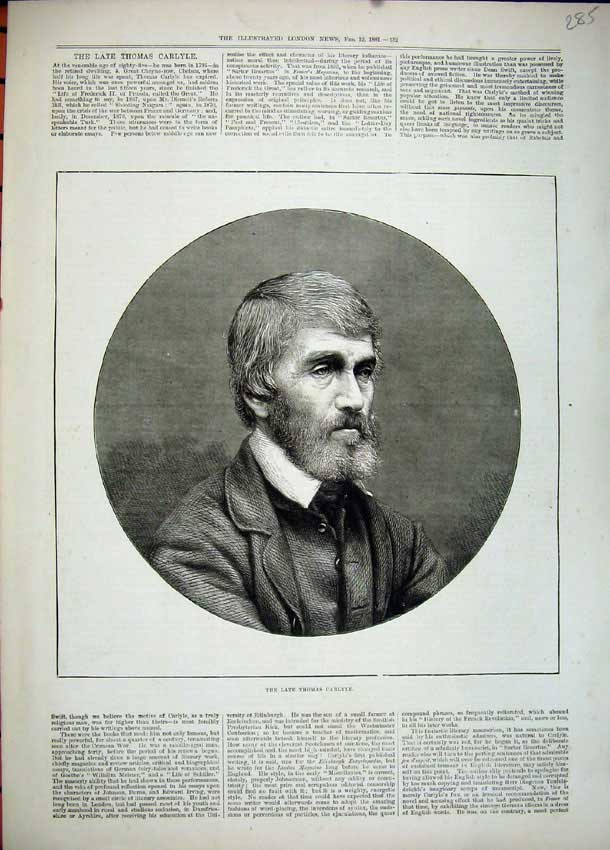 Original Old Antique Print 1881 Portrait Late Thomas Carlyle Man Author 19th