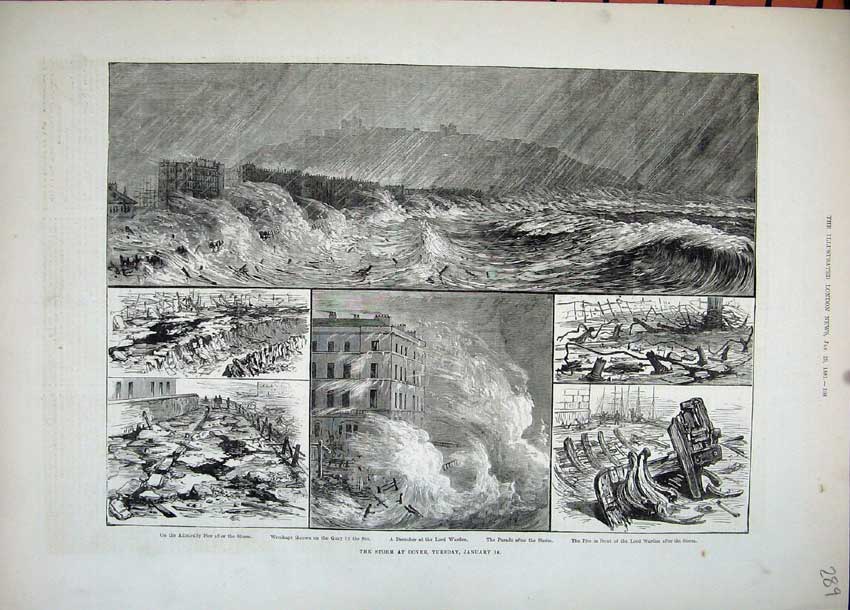 Old Antique Print 1881 Storm Dover Admiralty Pier Lord Warden Quay Sea 19th