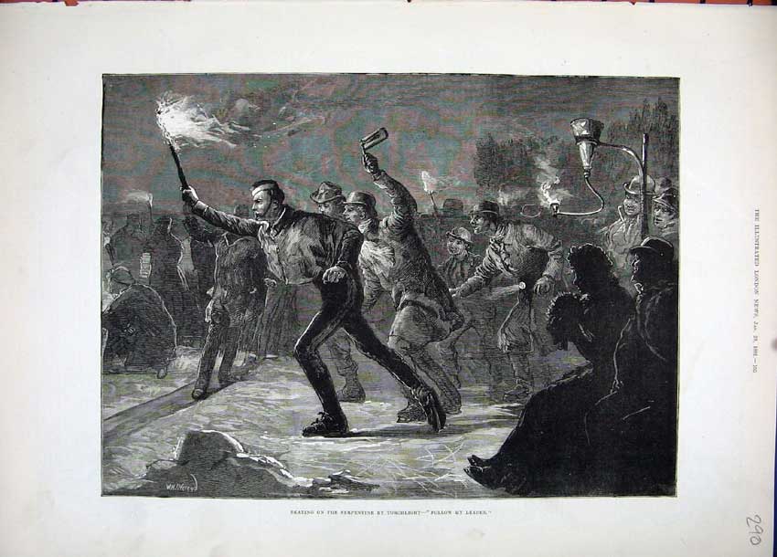 Original Old Antique Print Fine Art 1881 Ice Skating Serpentine Torchlight Men