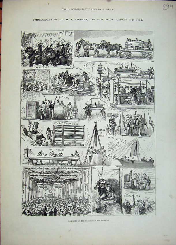 Old Antique Print 1881 Salvation Army Barnsley Rullymen Horse Cart Miners 19th