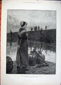 Old Antique Print Fine Art 1881 Young Woman Ferry Boat River Jugs Clausen 19th