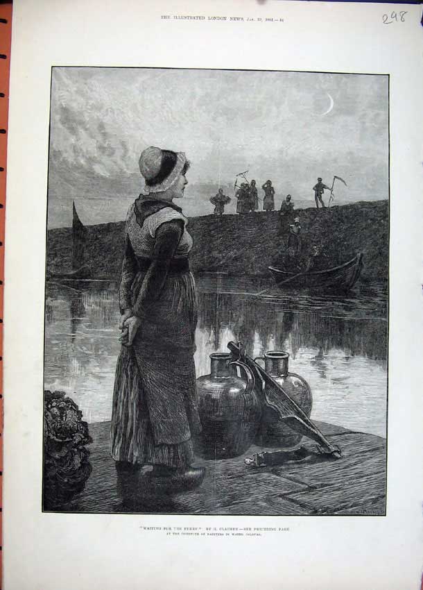 Old Antique Print Fine Art 1881 Young Woman Ferry Boat River Jugs Clausen 19th