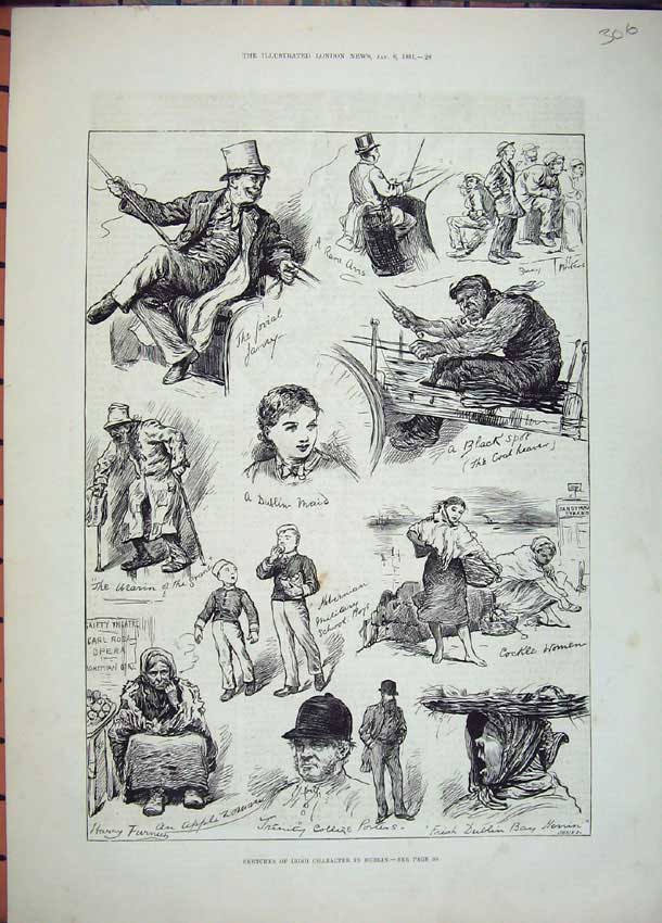 Old Antique Print 1881 Irish People Dublin Men Maid Women Trinity Porters 19th