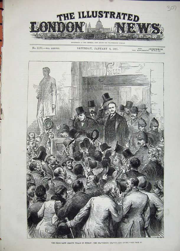 Old Antique Print 1881 Irish Land League Trials Dublin Court Room Men Art 19th