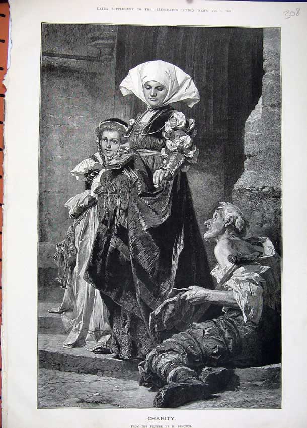 Original Old Antique Print 1881Fine Art Charity Women Young Girl Man Begging