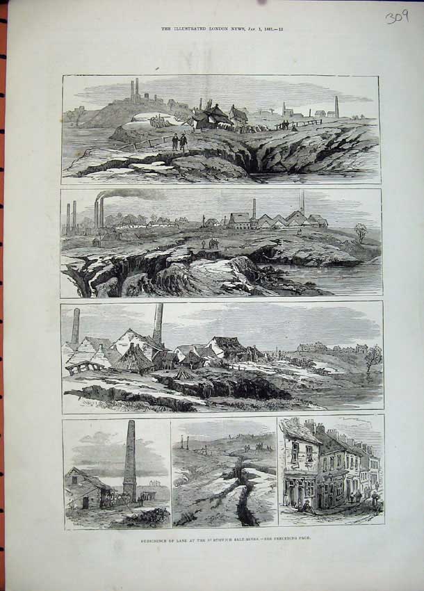 Old Antique Print 1881 Subsidence Land Northwich Salt Mines Buildings Art 19th