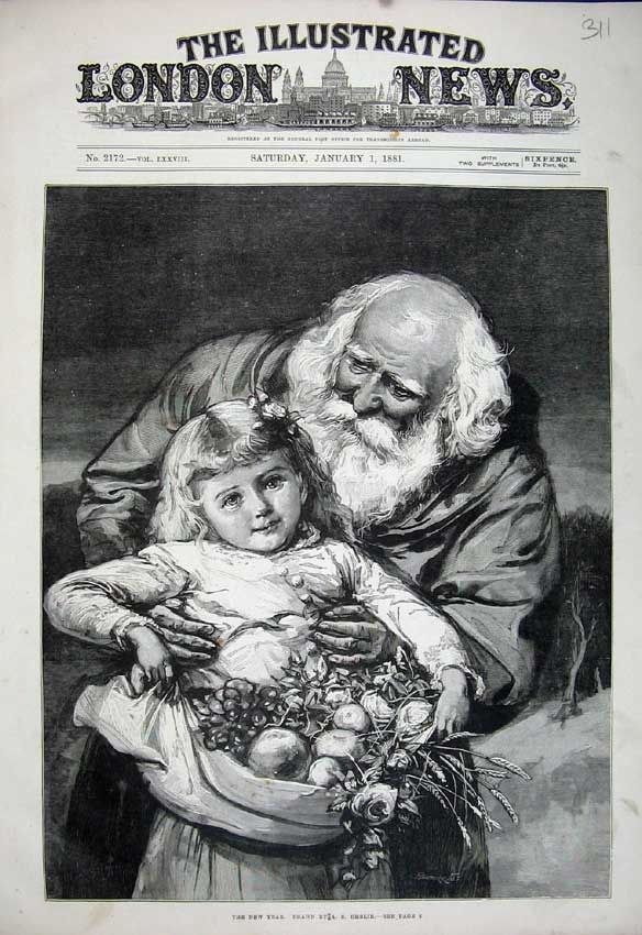 Original Old Antique Print 1881 Fine Art Man Young Girl Fruit Basket Victorian