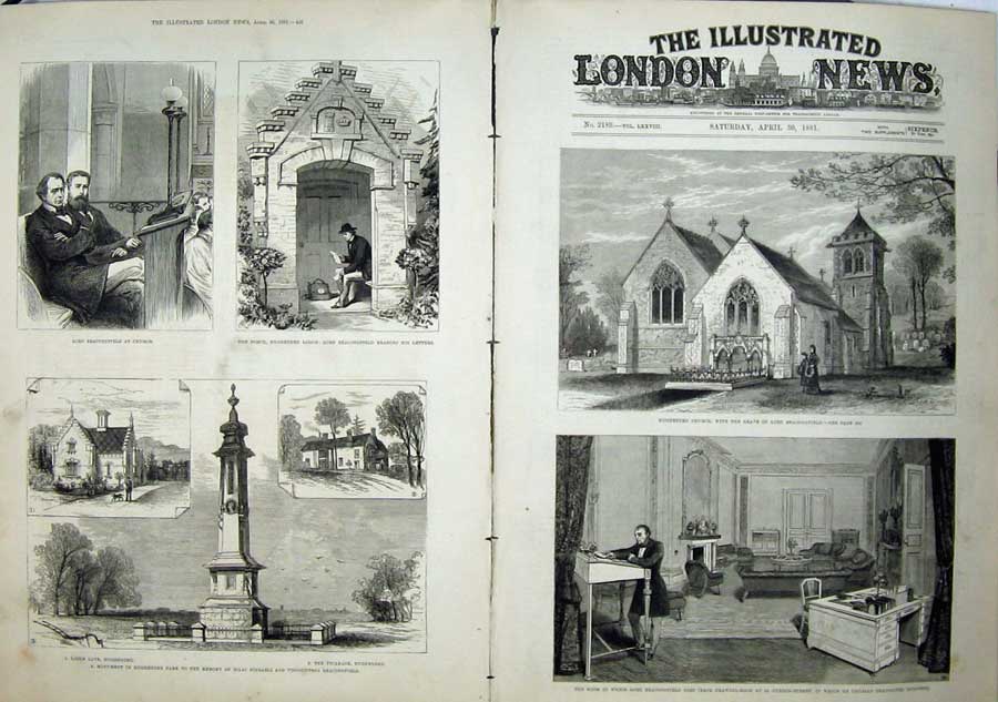 Old Antique Print 1881 Hughenden Church Lord Beaconsfield Grave Disraeli 19th