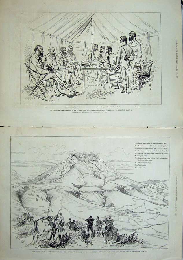 Original Old Antique Print Transvaal War 1881 Boers Joubert Wood Battle Mujuba