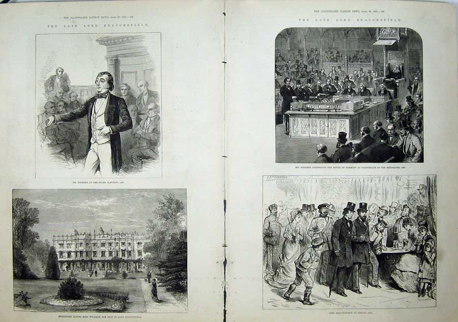 Old Antique Print Lord Beaconsfield 1881 Disraeli Hughenden Manour House 19th