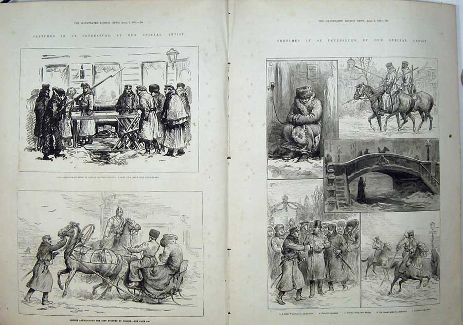 Antique Old Print 1881 Petersburg Russia Sledge Horse Police Canal Bridge 19th