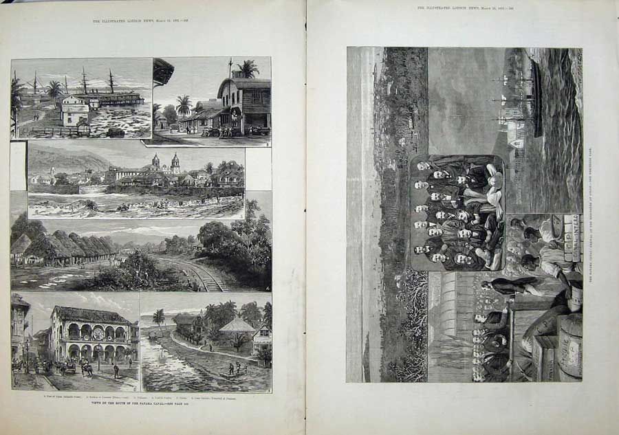 Old Antique Print 1881 Panama Canal Port Colon Engineers Ship Fine Art 19th