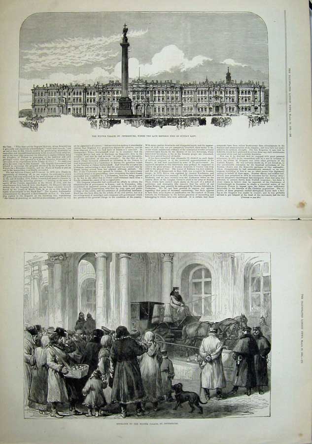 Antique Old Print Winter Palace Petersburg Russia 1881 People Horse Coach 19th