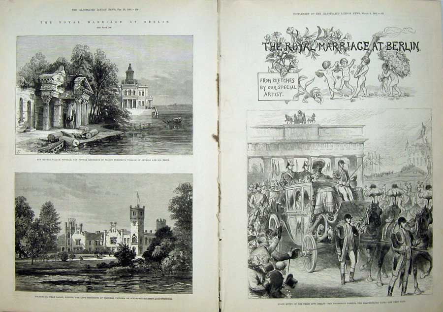 Antique Old Print 1881 Royal Wedding Berlin Brandenburg Gate Palace Sagan 19th