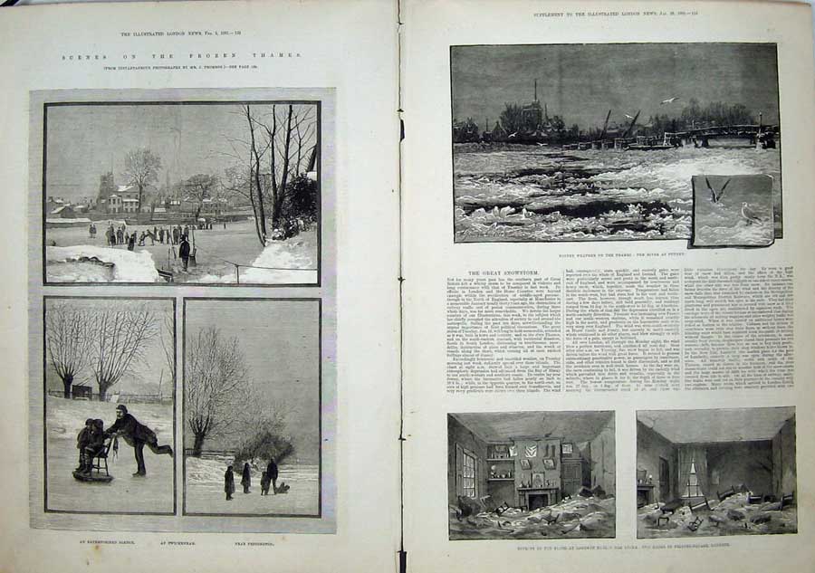 Old Antique Print 1881 River Thames Frozen Ice Putney Twickenham Lambeth 19th