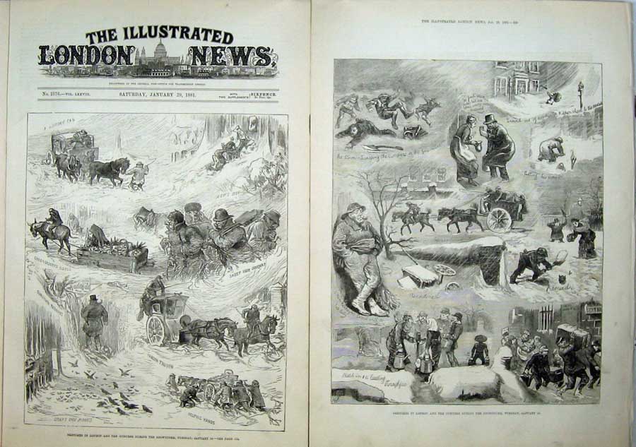 Original Old Antique Print 1881 London Snowstorm Horse Sledge Winter Birds