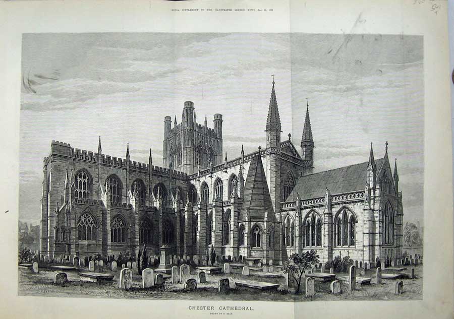 Original Old Antique Print 1881 Fine Art Architecture Chester Cathedral Graves